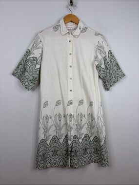 Linen Cotton Shirtdress Women Small Cream Green Floral Half Sleeve Midi Italy